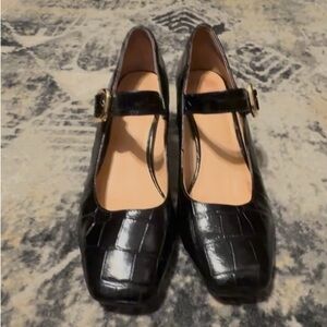 JCrew Jayne Mary Jane heels, sz 8, blk croc Italian leather, used/good.